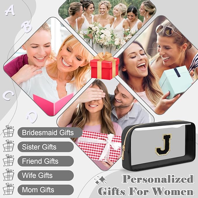 Personalized Initial Letter Clear Makeup Bag,Preppy Small Nylon&PVC Cosmetic Zipper Bag with Chenille Letter,Travel Skincare Toiletry Bag,Monogram Christmas Gift for Teen Girls Women,J