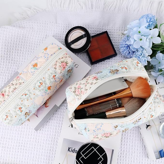 2Pcs Cotton Quilted Makeup Bag for Women Girls Coquette Small Floral Cosmetic Bags Cute Zipper Pencil Pouch Aesthetic Makeup Pouch Trendy Cloth Bee&Flower Travel Toiletry Skincare Bag