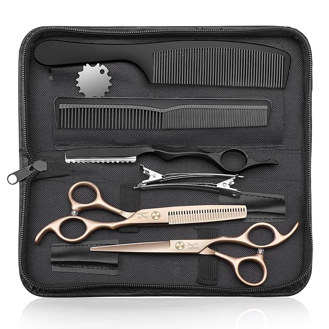 JASON Professional 10-Piece Haircut Scissors Set - 6.7" Thinning/Texturizing Scissors, Straight Shears for Men, Women & Home Salon (30 Teeth, Rosegold)