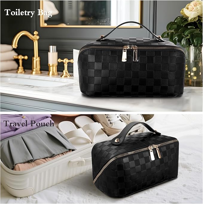 Abiudeng Travel Makeup Bag,Large Capacity Toiletry Bag Cosmetic Bags for Travel Essentials,Waterproof Portable Pouch Open Flat Makeup bag Organizer with Divider and Handle(Checkered-Black)