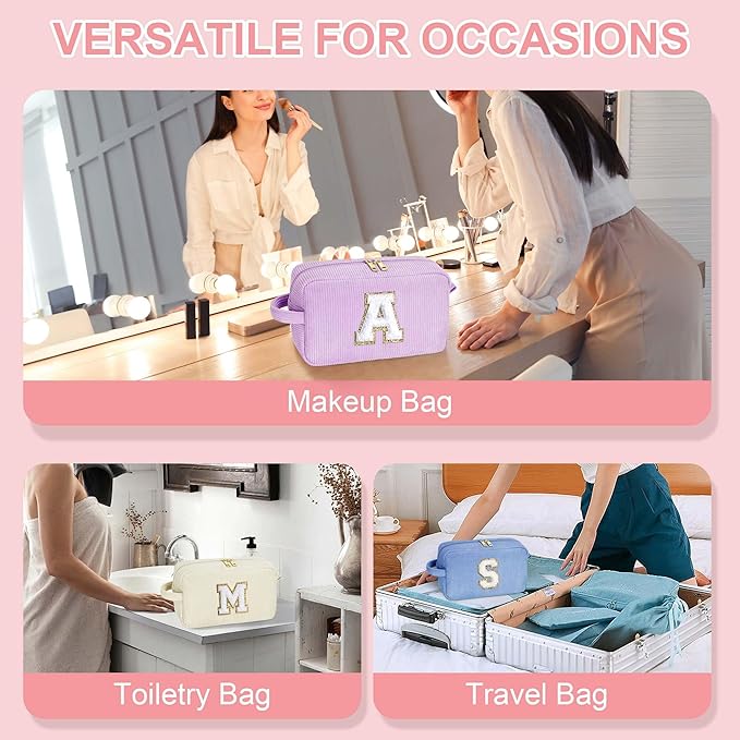 YOOLIFE Purple Travel Makeup Bag - Initial Cosmetic Bag Cute Makeup Bag Travel Essentials Travel Makeup Pouch Small Makeup Brush Bag Makeup Bag Organizer Personalized Gifts for Women Her Letter A