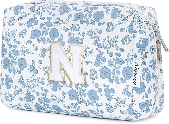 Narwey Birthday Gifts for Teen Girls Kids Women Personalized Initial Floral Makeup Bag Cute Cosmetic Trendy Stuff 6 8 10 11 12 13 14 16 18 Years Old Travel Toiletry Bag (Little Blue Flower N)