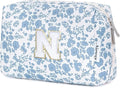Narwey Birthday Gifts for Teen Girls Kids Women Personalized Initial Floral Makeup Bag Cute Cosmetic Trendy Stuff 6 8 10 11 12 13 14 16 18 Years Old Travel Toiletry Bag (Little Blue Flower N)