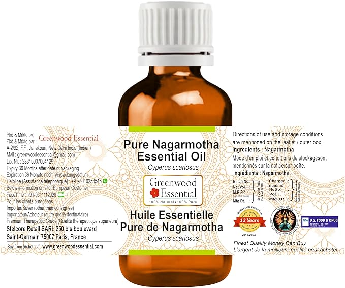 Greenwood Essential Nagarmotha Essential Oil (Cyperus scariosus) Pure | Non-Sticky | Non-Greasy | Lightweight | Men & Women | All Skin Types | Steam Distilled 15ml (0.50 oz)