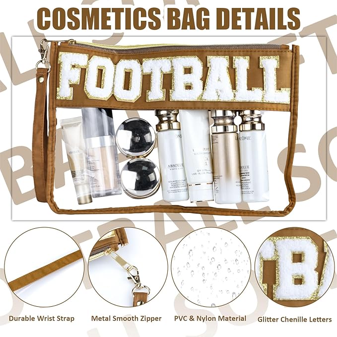 2 Pcs Football Gifts Makeup Bag with Chenille Letter Patch, Clear Cosmetic Pouch PVC Organizer Purse, Waterproof Travel Bag, Portable Toiletry Storage Bag for Her Girls Friends Women