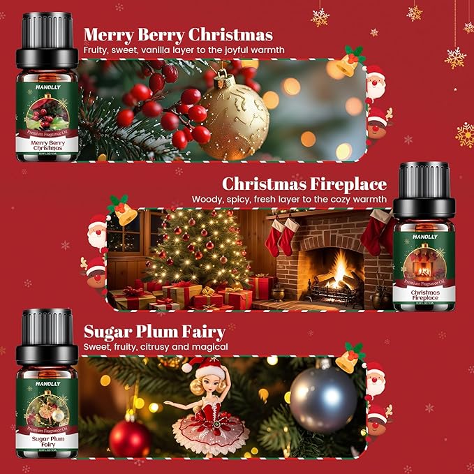Christmas Fragrance Oil Set, 6 Premium Christmas Essential Oils for Diffuser, Candle Making - Caramel Pumpkin Swirl, Apple Cinnamon, Merry Berry Christmas, Christmas Fireplace Scented Oil Gift Set