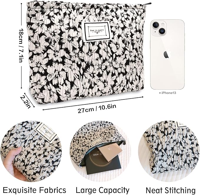 STARDW Aesthetic Floral Makeup Bag Cute Small Cosmetic Bags for Women Girls, Travel Toiletry Bag Large Capacity Zipper Makeup Pouch, Purse Organizer Pouches (White Flowers)