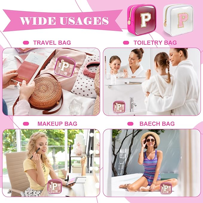 Personalized Initial Letter Clear Preppy Makeup Bag,Mini Nylon Chenille Letter Cosmetic Bag Cute Zipper Pouch Coin Purse for Teen Girls,Portable TSA Approved Travel Essentials Bag Gift for Women,P