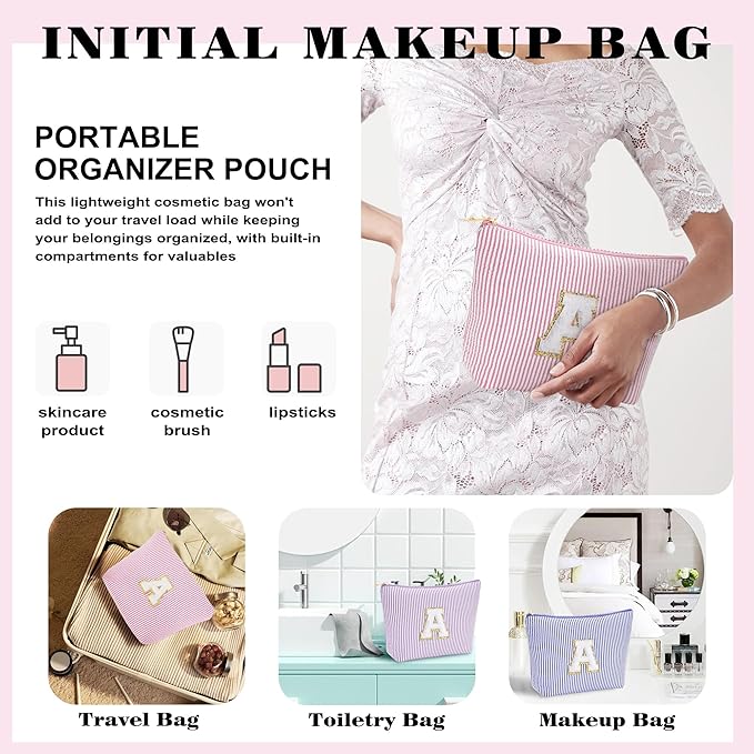 Initial Makeup Bag Set - Cute Pink Stuff for Women, Makeup Pouch Cosmetic Bag, Travel Essentials Toiletry Bag, Birthday Christmas Gifts for Women, Light Pink L