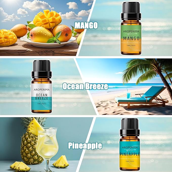 Beach Fragrance Essential Oil Set - Ocean Breeze, Bay Rum, Pineapple, Autumn Wreath, Mango, Papaya 6x10ML for Diffusers, Aromatherapy, Massage, Perfume, Soap Making and Candle