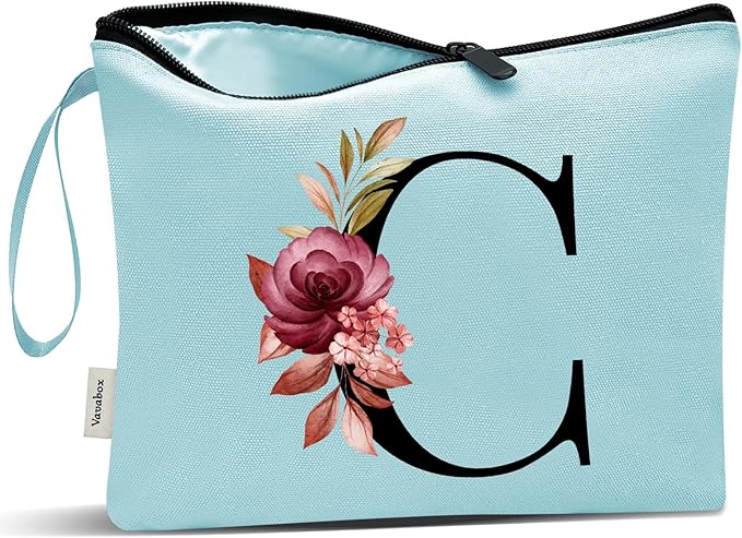 Vavabox A-Z Personalized Makeup Bag, Birthday Gifts for Women Mom, Gifts for Best Friend, Bride Bridesmaid Cosmetic bag (C, Green)
