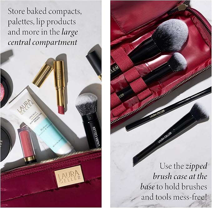 LAURA GELLER NEW YORK Quilted Makeup Bag with Brush Case, Burgundy - Toiletry Bag Organizer for Travel - Large Capacity Full Size Makeup Bag - Easy to Clean