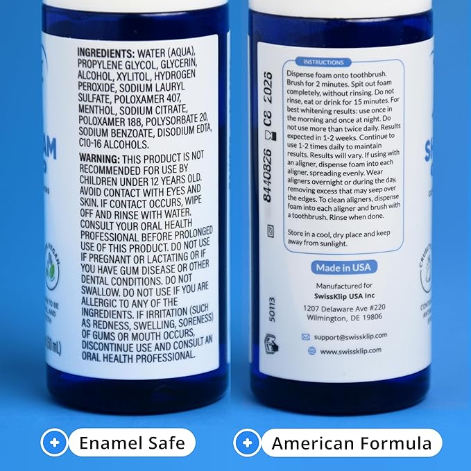 Swissklip ShineFoam | Teeth Whitening Foam | Mint Flavor Whitening Toothpaste | Teeth Whitener I Professional Teeth Whitening Kit | 100% Vegan - Made in USA - 1.69 oz - Pack 1