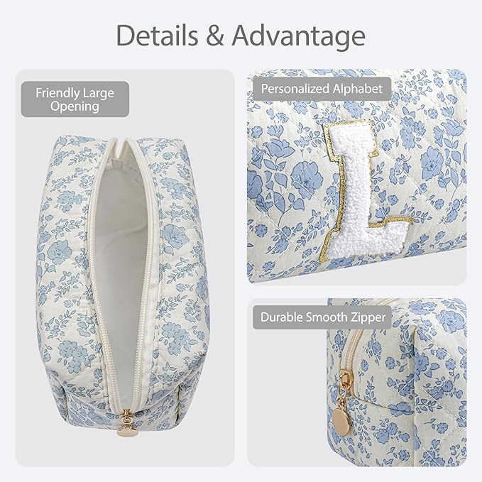 Gleyemor Personalized Initial Makeup Bag for Women, Cute Quilted Blue Floral Cotton Cosmetic Bag, Christmas Gifts for Her Mom Friend Sister Bridesmaid Teacher Women L