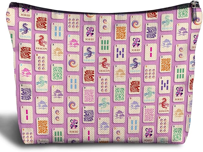 Pink And Cute Mahjong Tiles Makeup Bag, Mahjong Gifts for Women Cosmetic Bags, Gifts for Mah Jong Players Lovers Makeup Zipper Pouch
