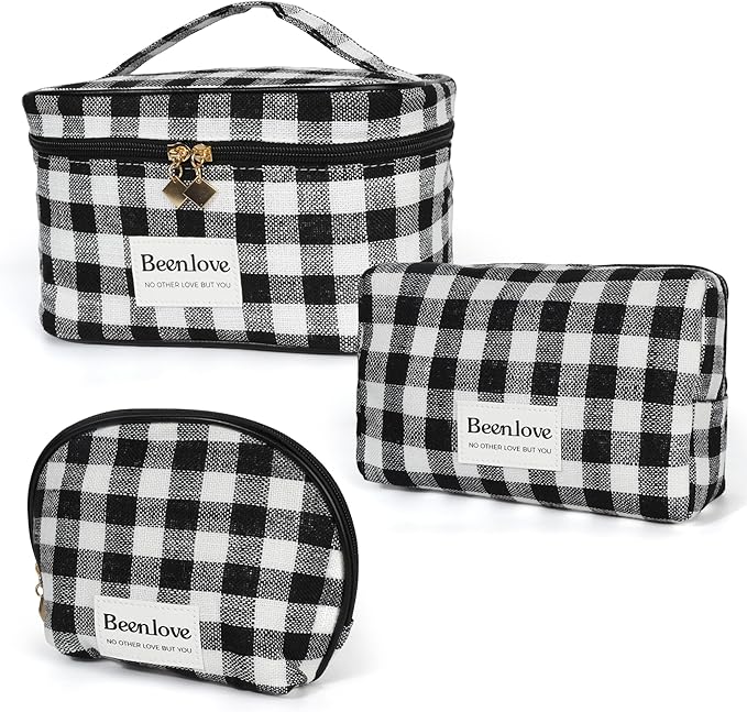 FAELBATY Makeup Bags for Women, 3 PCS Large Travel Makeup Bag Set, Checkered Fabric Cosmetic Bag for Toiletry (Black)