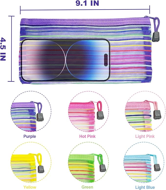 Mesh Bags with Zipper (6 Pack), Small Nylon Makeup Bag Cosmetic Pouches Travel Organizer for Purse Diaper Bag Home Organizing Striped Mix 6 Colors