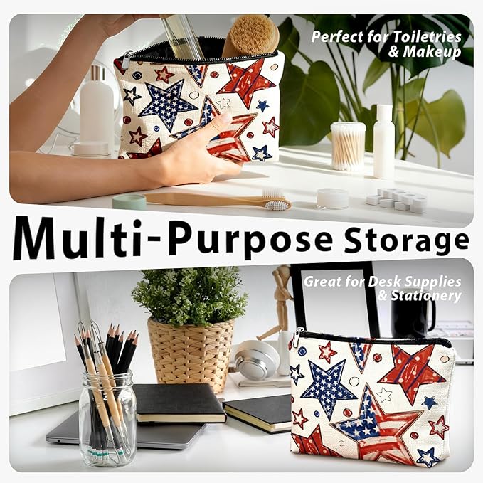 Retro American Flag Star 4th of July Makeup Bag, America Patriotic Cosmetic Bags for Women, Red White and American Flag Star Toiletry Bag for Women, cosmetic bag, makeup case