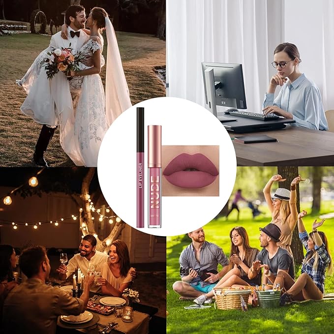 2Pcs Matte Lipstick and Lip Liner Set, Cream Nude Mauve Long Lasting Waterproof Lipliner Pencil & Plumper Lip Gloss, Retractable Lip Liner and Liquid Lipstick for Women Girls Lip Makeup (#02)