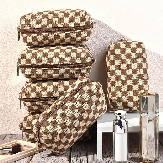 SOIDRAM Checkered Makeup Bag Preppy Cosmetic Bag Bulk Brown Makeup Pouch Personalize Travel Toiletry Bag Organizer Cute DIY Makeup Brushes Storage Bag for Women