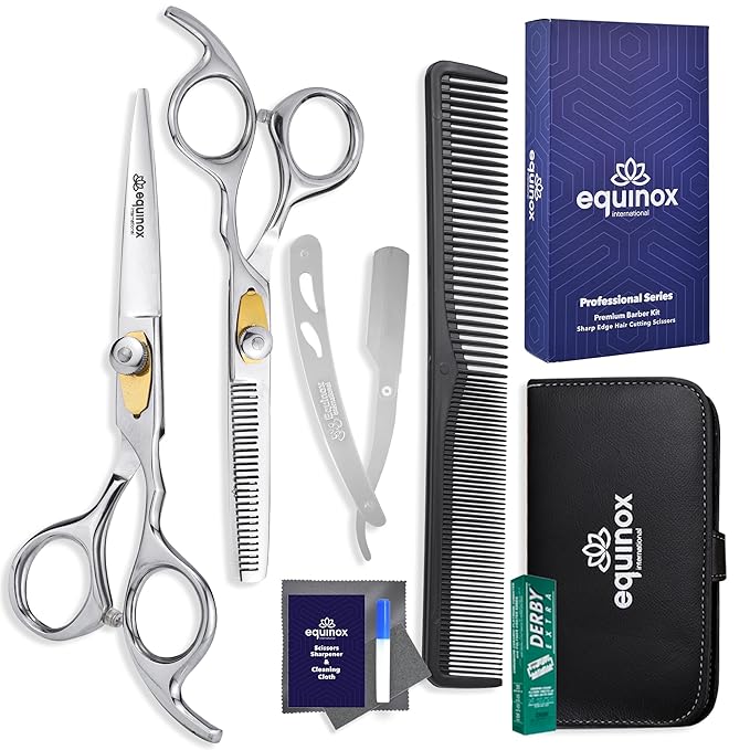 Equinox Professional Hair Scissors Set - Premium Barber Kit, Includes Hair Cutting Scissors, Thinning Shears, Straight Razor, Basic Comb, Cleaning Cloth, Oil & Sandpaper - Hair Salon & Barber Supplies