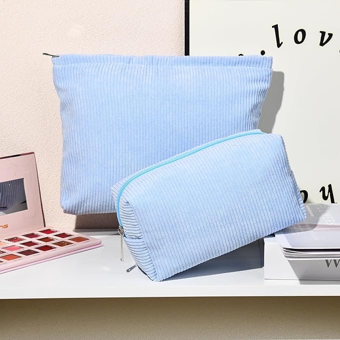 SOIDRAM 2 Pieces Makeup Bag Large Corduroy Cosmetic Bag Capacity Canvas Mix Travel Toiletry Bag Organizer Cute Makeup Brushes Aesthetic Accessories Storage Bag for Women, Corduroy Mix Blue