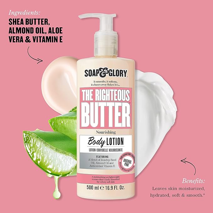 Soap & Glory Original Pink Moisturizing Body Lotion Pump - Lightweight Body Moisturizer for Dry Skin - With Shea Butter, Vitamin E & Aloe Vera for Soft, Hydrated Skin - Rose & Bergamot (16.9 fl oz)