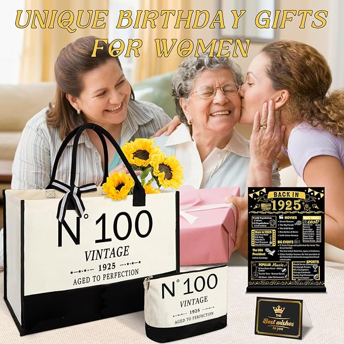 100th Birthday Gifts for Women Canvas Tote Bag Travel Gear,Unique 100 Years Old Gifts for Wife Mom Sister Aunt Friends Her, Vintage N°100 Handbag & Cosmetic Bag & Back in 1925 Poster
