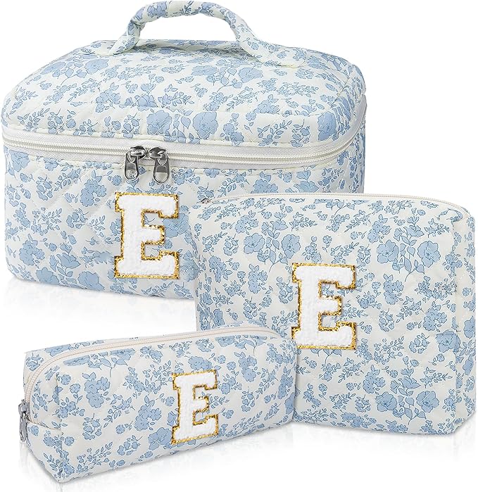 Initial Makeup Bag Set, Personalized Quilted Makeup Bag, Large Floral Cosmetic Bag for Women, Cute Cotton Custom Make up Bags, Flower Travel Toiletry Bag Teen Girl Gift Blue Flower E