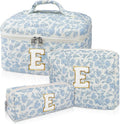 Initial Makeup Bag Set, Personalized Quilted Makeup Bag, Large Floral Cosmetic Bag for Women, Cute Cotton Custom Make up Bags, Flower Travel Toiletry Bag Teen Girl Gift Blue Flower E