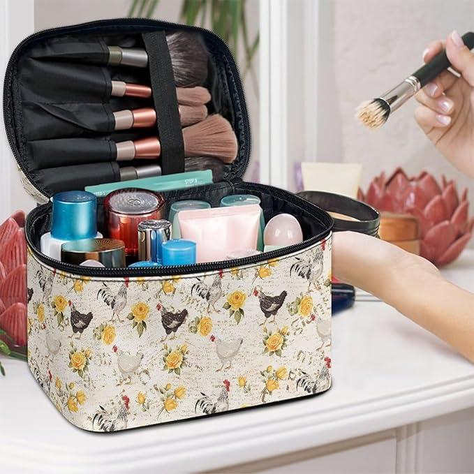 Chicken Yellow Rose Pattern Travel Makeup Bag for Women Large Capacity Cosmetic Bags with Zipper and Handle Make Up Tote Bags Organizer Portable Toiletry Bags