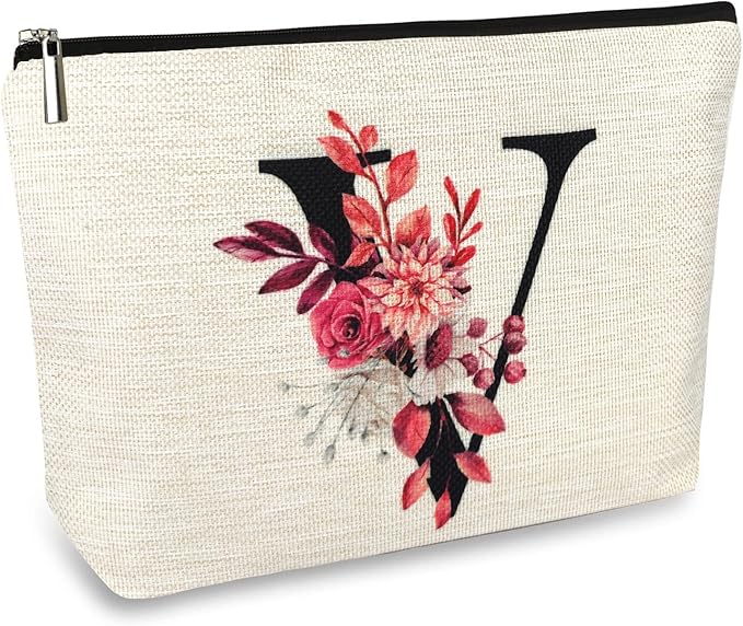 Initial A-Z Personalized Floral Makeup Bag, Monogrammed Birthday Gifts for Women Mom, Mothers Day Christmas Gift Ideas for Best Friend, Bride Bridesmaid, Her, Grandma, Small Travel Cosmetic Bag (V)