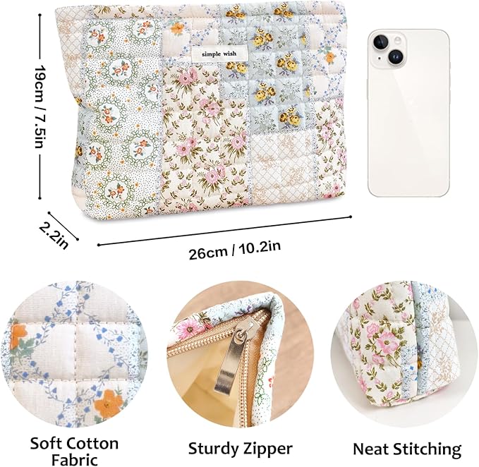 STARDW Cute Cotton Quilted Makeup Bag Cosmetic Bags for Women and Girls,Travel Toiletry Bag Floral Makeup Zipper Pouch, Purse Organizer Pouches,Canvas Lining (Cotton Floral)