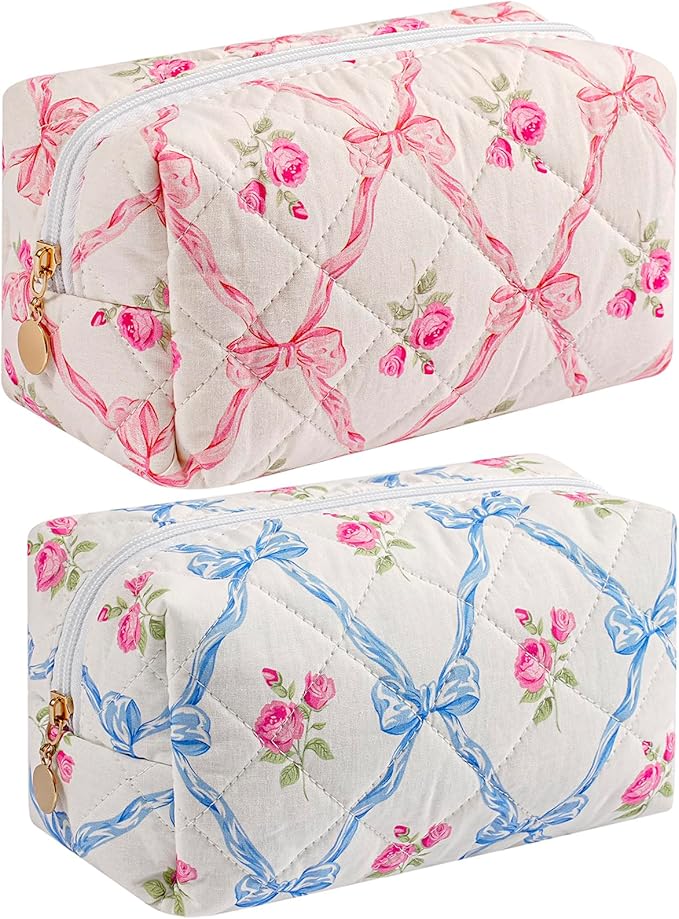 Makeup Bag Travel Cosmetic Bag for Women Girls, Zipper Make Up Pouch, Floral Flowers Toiletry Organizer Makeup, Portable Storage Bag, Cosmetic Travel Cloth Bag (Pink Bowknot+Blue Bowknot)