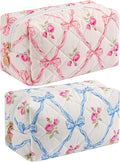Makeup Bag Travel Cosmetic Bag for Women Girls, Zipper Make Up Pouch, Floral Flowers Toiletry Organizer Makeup, Portable Storage Bag, Cosmetic Travel Cloth Bag (Pink Bowknot+Blue Bowknot)