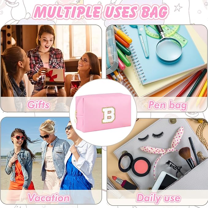 Initial Makeup Bag Personalized Preppy Travel Small Cosmetic Bag Cute PU Pink Chenille Letter Makeup Pouch for Purse Waterproof Zippered Toiletry Organizer for Women Girls Kids Friends（B）