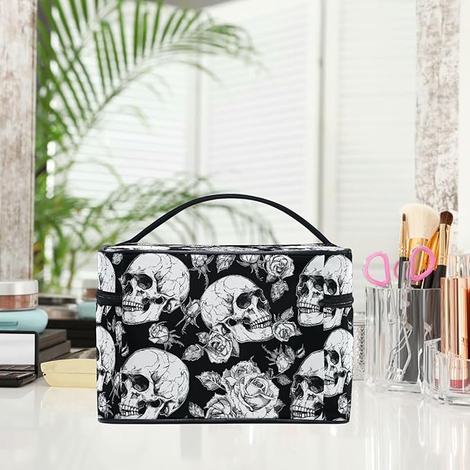MNSRUU Makeup Bags, Gothic Skulls and Flowers Makeup Organizer Bags Toiletry Bag Box Travel Cosmetic Bag Make Up Train Case for Women Teen Girl Ladies