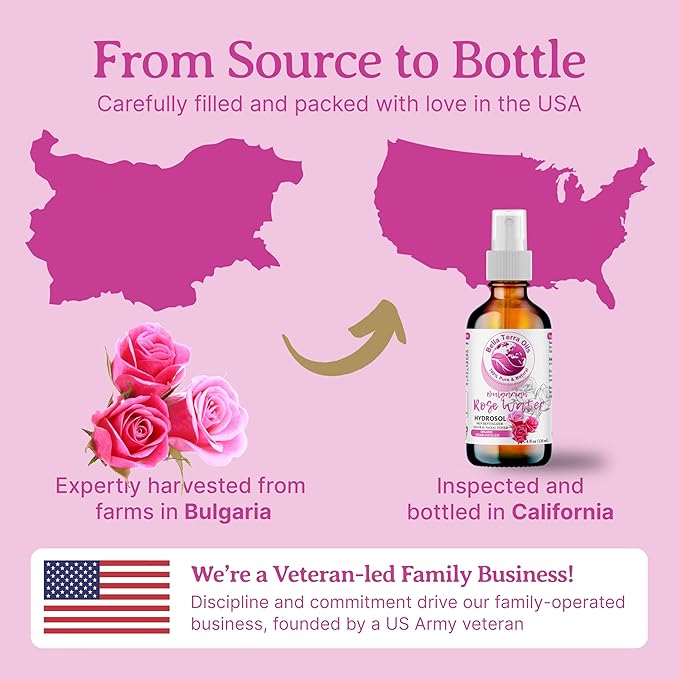 Bella Terra Oils - Rosewater Spray 8oz - Crafted from the Heart of Roses, Subtle Face and Hair Refreshment, Pure Bulgarian Rose Essence