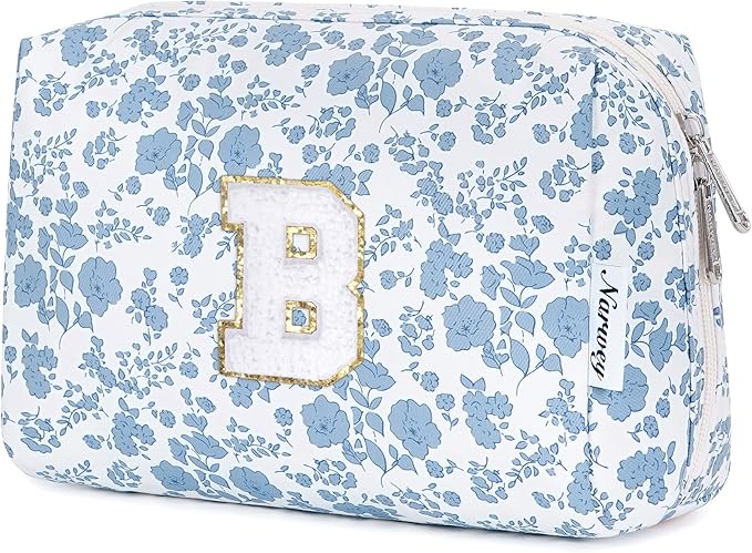 Narwey Birthday Gifts for Teen Girls Kids Women Personalized Initial Floral Makeup Bag Cute Cosmetic Trendy Stuff 6 8 10 11 12 13 14 16 18 Years Old Travel Toiletry Bag (Little Blue Flower B)