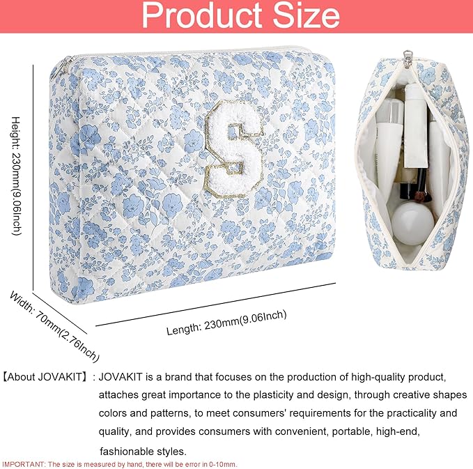 JOVAKIT Alphabet Makeup Bag Cosmetic Bag for Women, Christmas Gifts for Girls Age 6-18, Floral Flowers Coquette Travel Toiletry Zipper Make Up Pouch Organizer Trendy Stuff (2Pcs Blue Floral S)