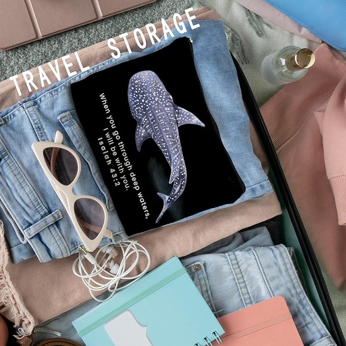 Whale Shark Christian Makeup Bag Pouch, Christian Shark Gifts for Women, Bible Verse Gifts Isaiah 43:2, When you go through deep waters I will be with you(black)
