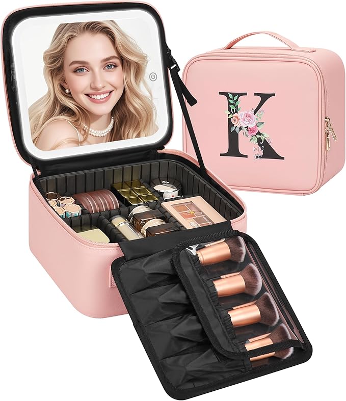 Relavel Initial Makeup Bag with LED Mirror for Women Girls, Personalized Travel Cosmetic Organizer Train Case, Birthday Gifts for Grandkids Bridesmaid Graduation Teacher Friends, Trendy Stuff, Pink K