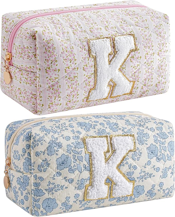 JOVAKIT Makeup Bag Cosmetic Bags for Women, Christmas Gifts for Girls Age 6-18, Alphabet Pink Floral Coquette Zipper Travel Makeup Pouch, Organizer Case Trendy Stuff (Pink+ Blue K)