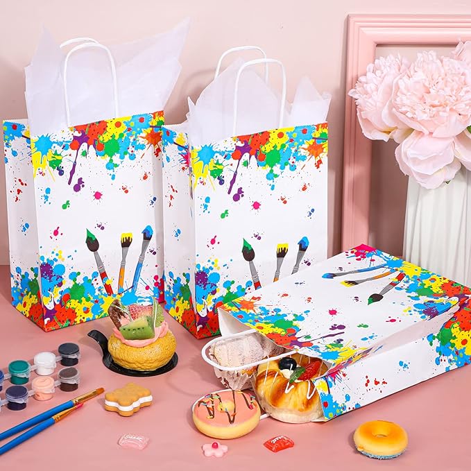 Durony 16-Piece Party Favor Bags with Handles - Tissue Paper Gift Bags for Birthday, Art Themed Party Supplies (8.6 x 6.2 x 3.1 Inches)