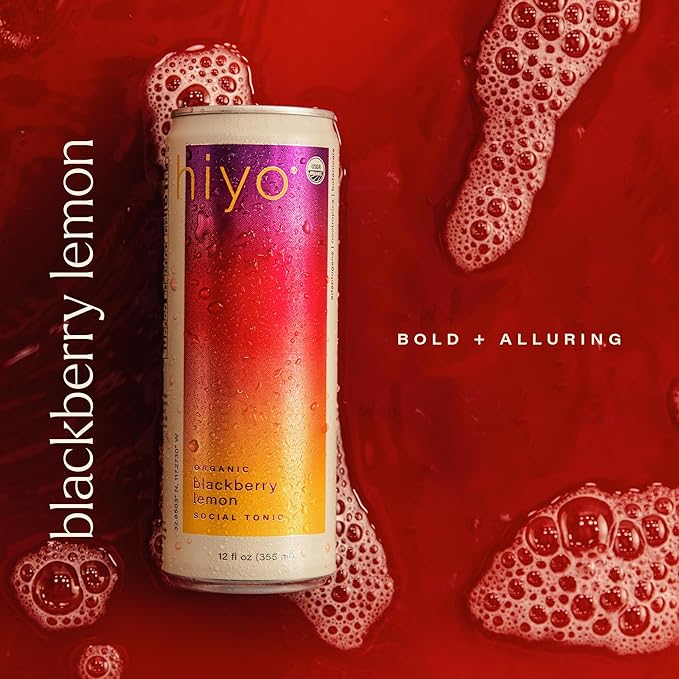 Hiyo Organic Social Tonic - Blackberry Lemon, 12 Pack - N.A. Functional Seltzer, Sparkling Water Crafted with Organic Adaptogens, Nootropics & Botanicals