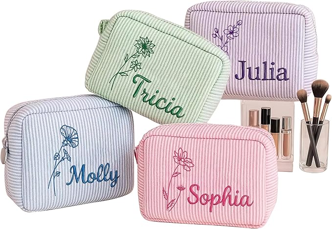 DayOfShe Personalized Makeup Bag Embroidered with Name&Birth Flower for Birthday Bridesmaids Gifts, Custom Seersucker Cosmetic Toiletry Bags Stocking Stuffers for Teen Girls Women Gifts