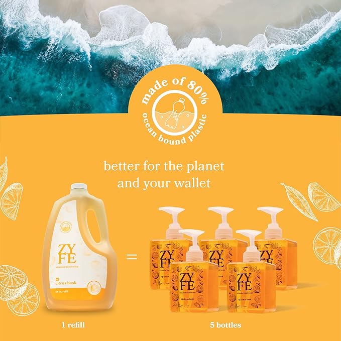 Foaming Hand Soap Refills, Half Gallon Hand Soap Foam Refill with Essential Oil Fragrance in Recycled Bottle, Citrus Handwash Refil Biodegradable+