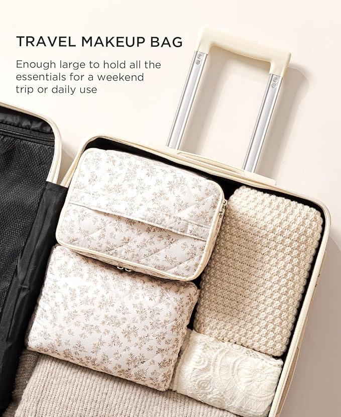 HBselect 2Pcs Travel Makeup Bag, Large Cotton Quilted Makeup Bag Cosmetic Bag Cute Make up Bag Toiletry Bags for Women Girls