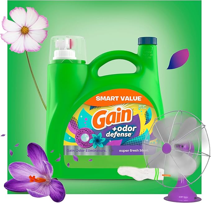 Gain + Odor Defense Liquid Laundry Detergent, Super Fresh Blast Scent, 107 Loads, HE Compatible