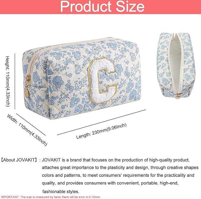 JOVAKIT Makeup Bag Cosmetic Bags for Women, Christmas Gifts for Girls Age 6-18, Alphabet Pink Floral Coquette Zipper Travel Makeup Pouch, Organizer Case Trendy Stuff (Pink+ Blue C)